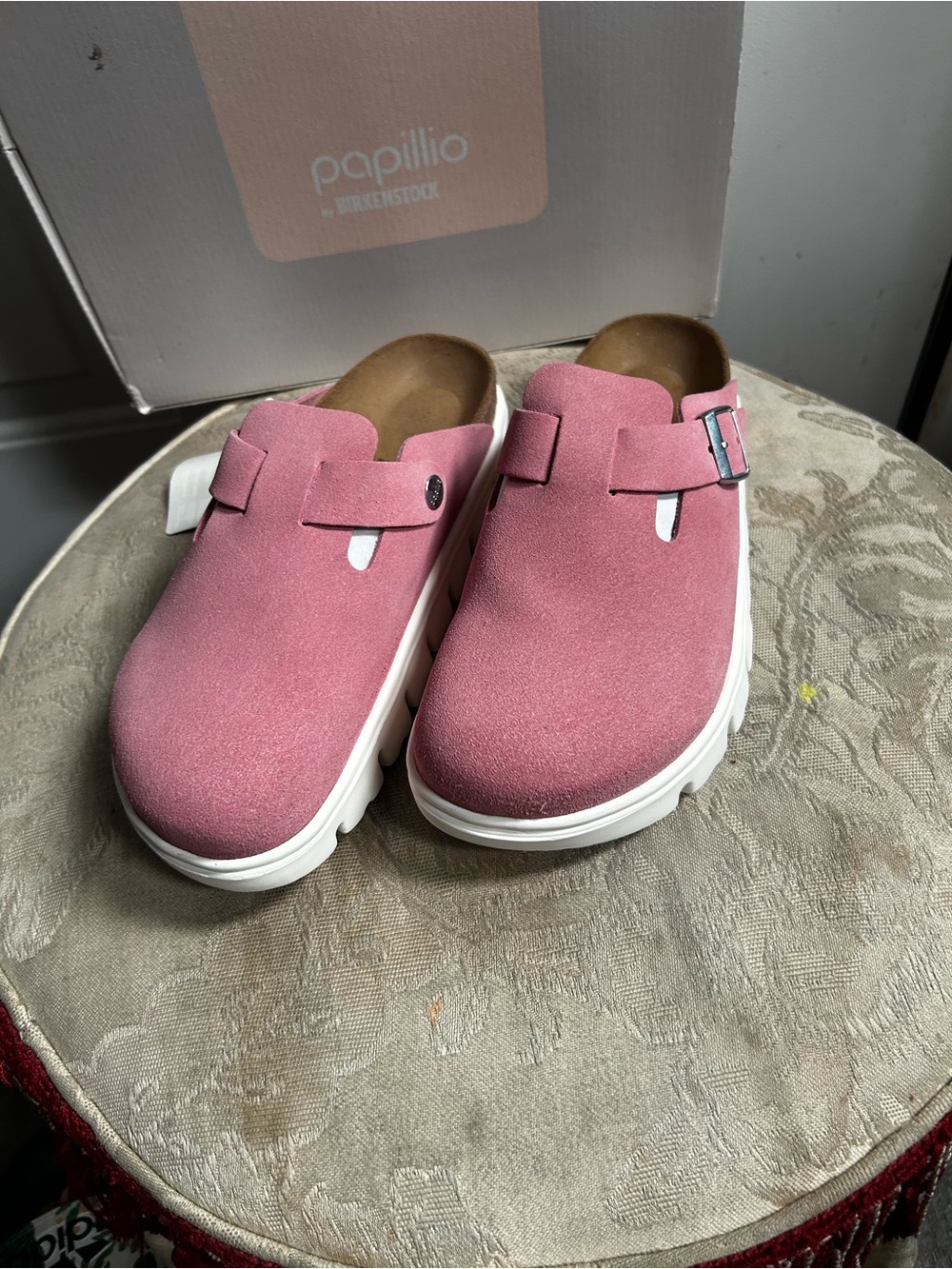 Eu 37-US6W/US4 M Papillio Birkenstock Candy Pink Boston Suede Pap Chunky slides - Picture 3 of 13